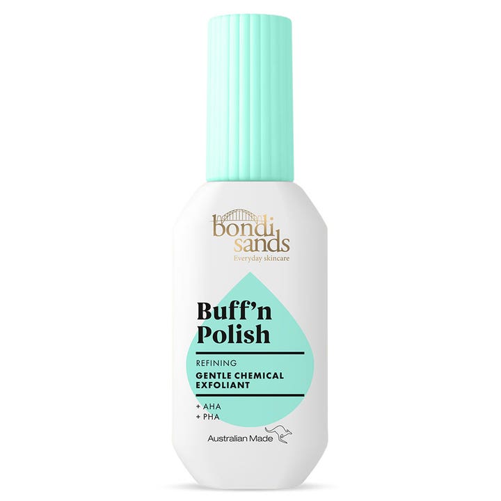 Bondi Sands Buff'n Polish eksfolierende ansigtsserum med AHA og PHA i hvid flaske med lyseblåt låg
