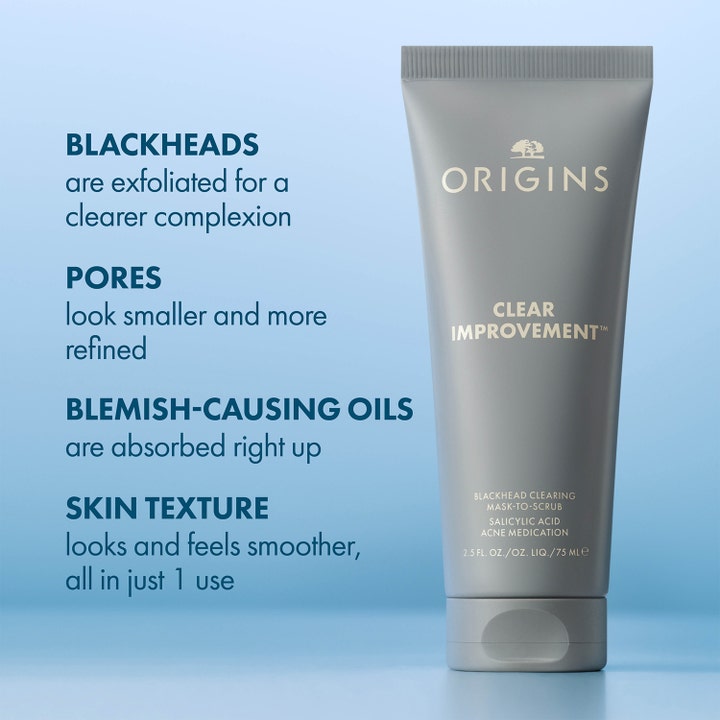 Origins Clear Improvement Mask-To-Scrub 75 ml eksfolierende ansigtsmaske i grå tube med infotekst