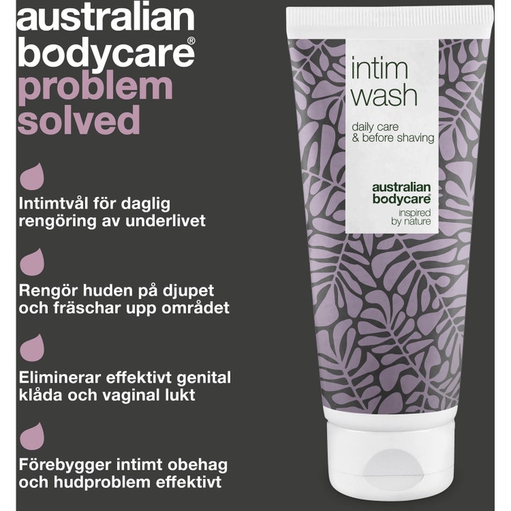 Australian Bodycare Intim Wash 200 ml intimpleje i tube med lilla bladmønster mod kløe og lugt.