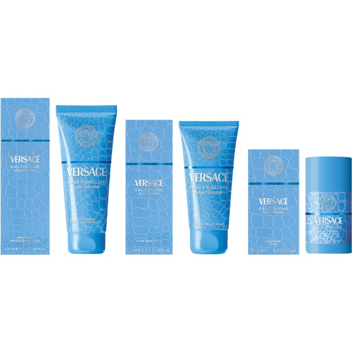 Versace Eau Fraiche After Shave Balm 75 ml beroligende aftershave i lyseblå tube med mønster vist blandt serien