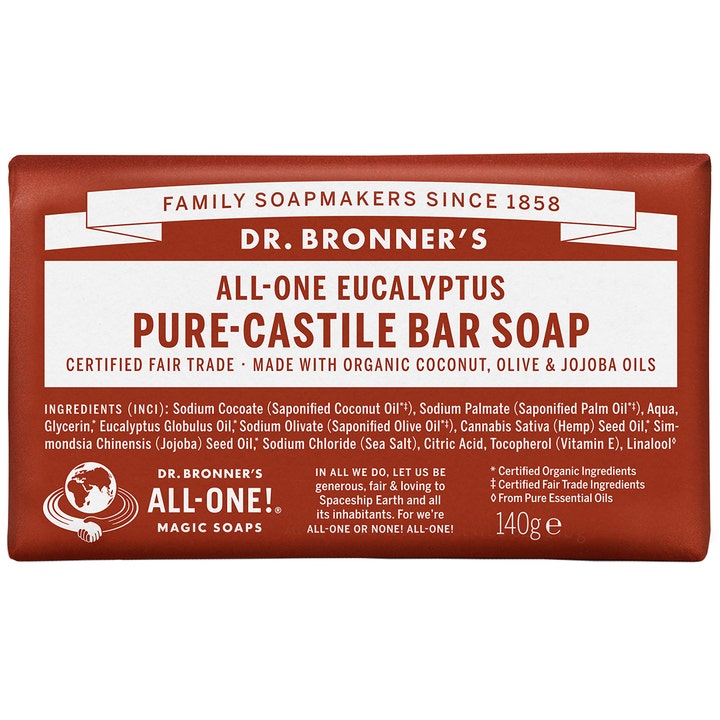 Dr. Bronner's All-One Eucalyptus Bar Soap 140g opfriskende fast sæbe i brun papiremballage med hvid grafik