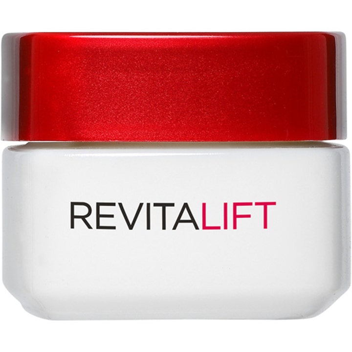 L'Oréal Paris Revitalift 50 ml opstrammende dagcreme i en hvid krukke med et skinnende rødt metallisk låg