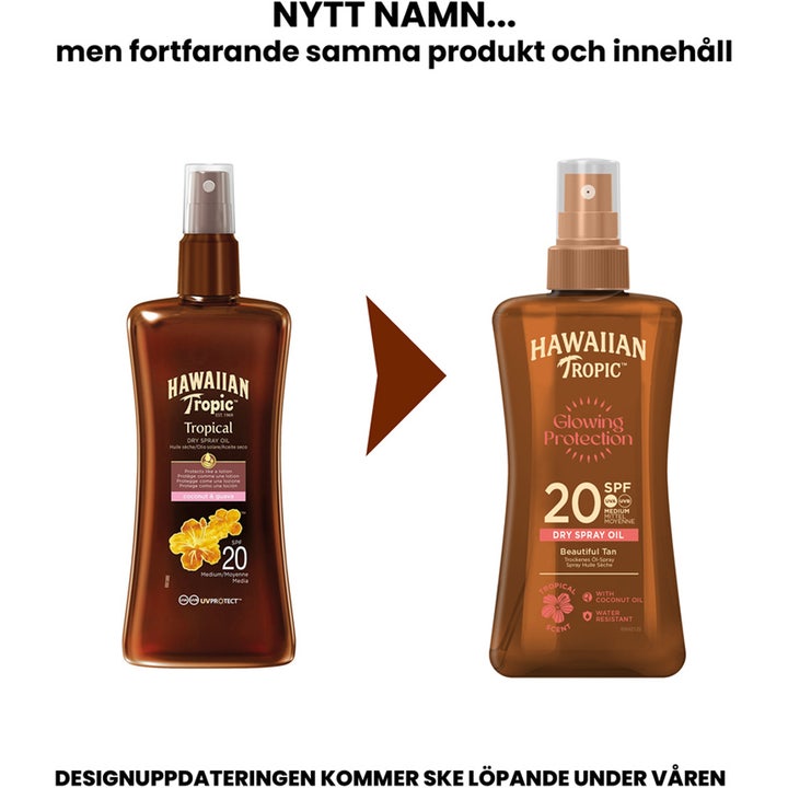 Hawaiian Tropic Glowing Protection Dry Spray Oil 200 ml sololie med SPF 20 viser gammel og ny emballage i brun plast