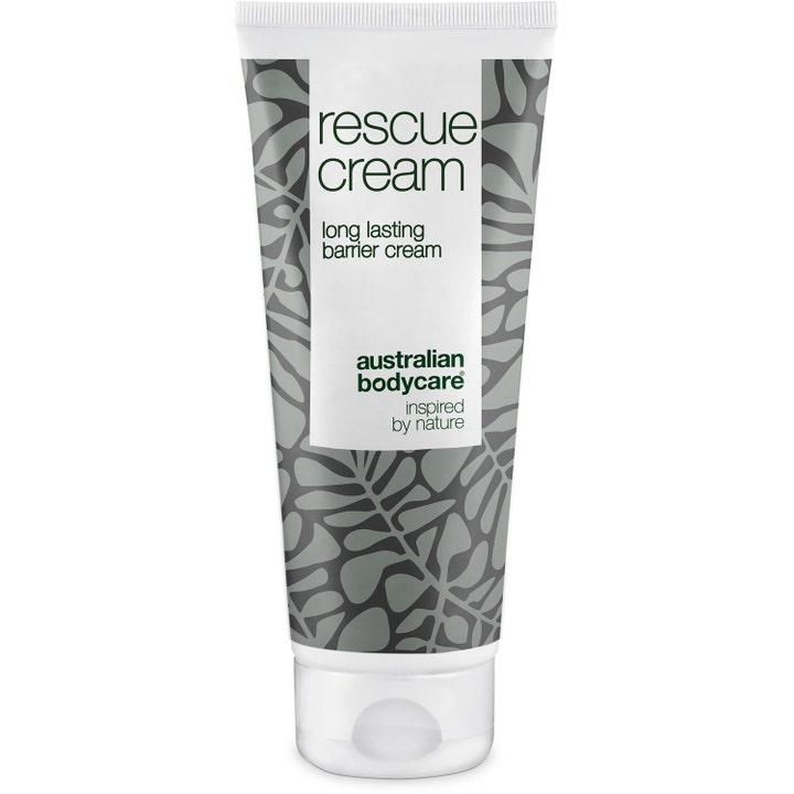 Australian Bodycare Rescue Cream 100ml beskyttende barrierecreme i hvid tube med gråt bladmotiv og hvidt låg