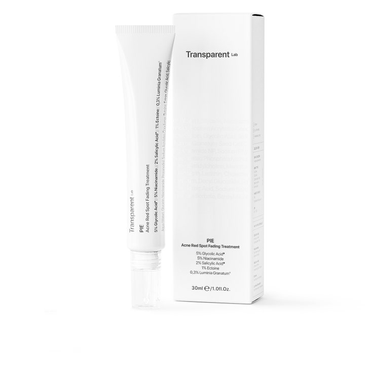 Transparent Lab P.I.E Acne Red Spot Fading Treatment 30 ml spot treatment mod røde mærker i hvid tube og æske