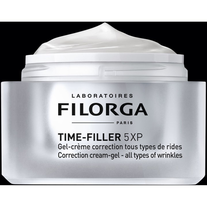 Filorga Time-Filler 5 XP Cream Gel 50 ml rynkereducerende ansigtscreme i sølvfarvet krukke med cremet hvid tekstur