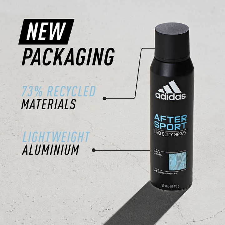 Adidas After Sport For Him 150 ml deodorant spray giver 48 timers duft i sort flaske af genbrugt letvægtsaluminium