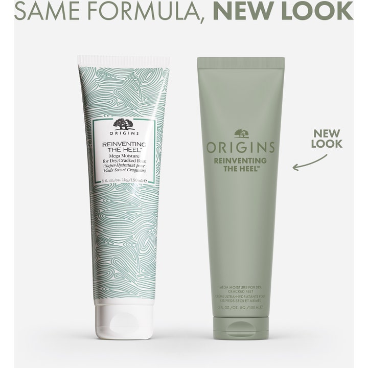 Origins Reinventing The Heel 150 ml fodcreme mod tørre hæle i ny salviegrøn tube sammenlignet med gammelt design