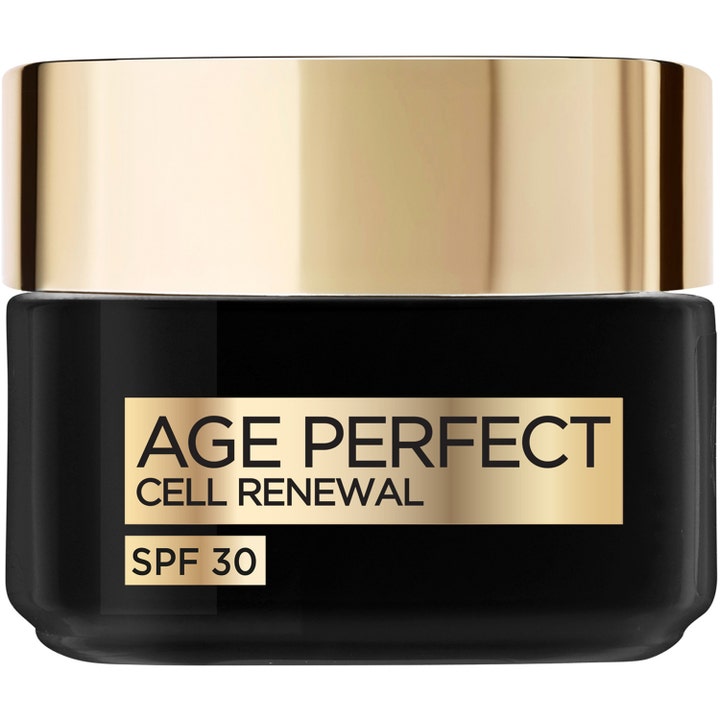 L'Oréal Paris Age Perfect Cell Renewal SPF 30 dagcreme til cellefornyelse i en sort glaskrukke med et guldlåg.