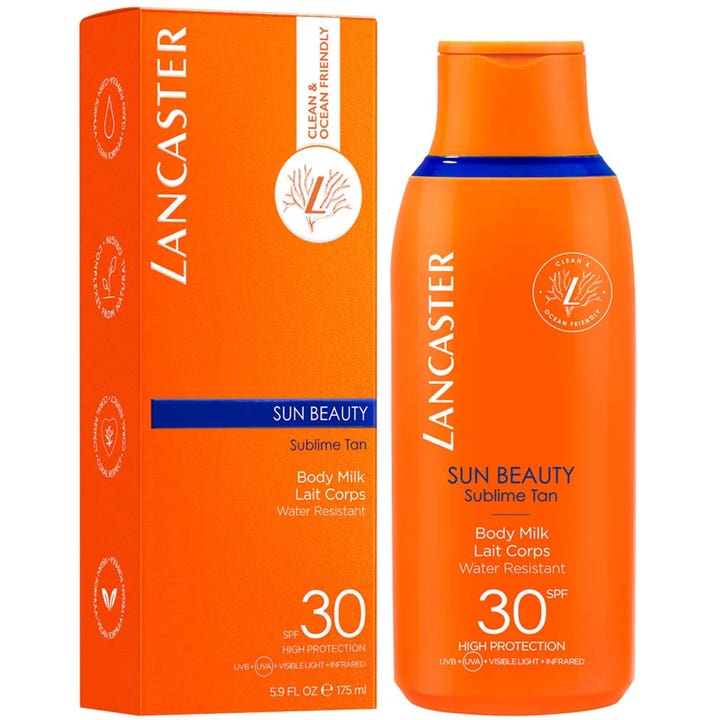Lancaster Sun Beauty Body Milk 175 ml SPF30 solcreme i orange flaske og æske der giver høj beskyttelse