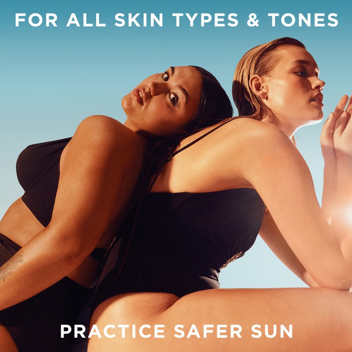 Garnier Ambre Solaire Ideal Bronze 150 ml solcreme til alle hudtoner viser to kvinder og teksten Practice Safer Sun.