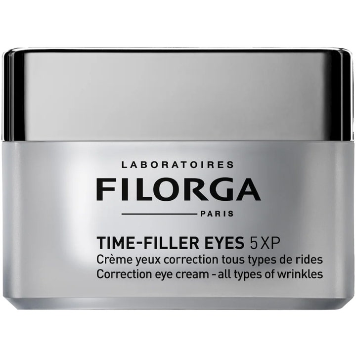 Filorga Time-Filler Eyes 5XP 15 ml korrigerende øjencreme i en stilfuld sølvfarvet krukke med blankt kromlåg