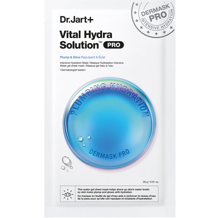 Dr. Jart+ Vital Hydra Solution PRO 26 g fugtgivende sheet mask i hvid indpakning med blå cirkelgrafik