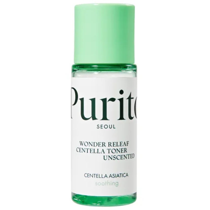 Purito Seoul Wonder Releaf Centella Toner Unscented beroliger huden i gennemsigtig flaske med mintgrønt låg