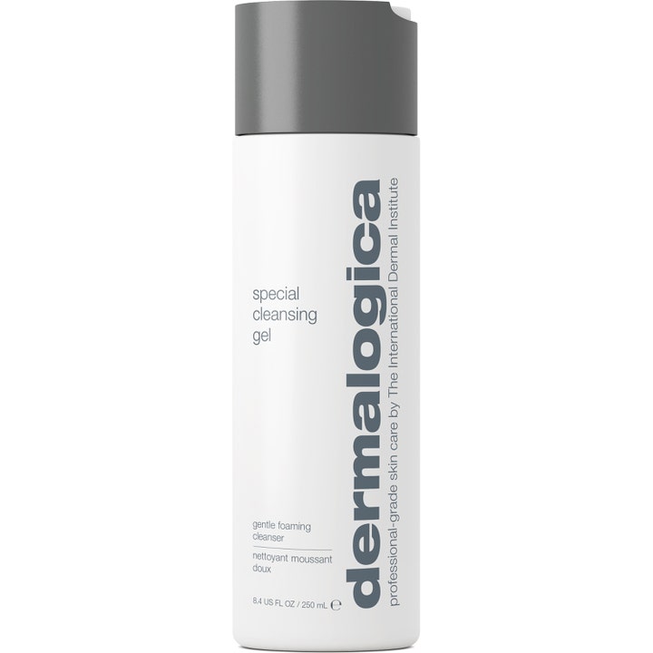 Dermalogica Special Cleansing Gel 250 ml mild ansigtsrens i hvid cylinderflaske med gråt vippelåg og sort tekst