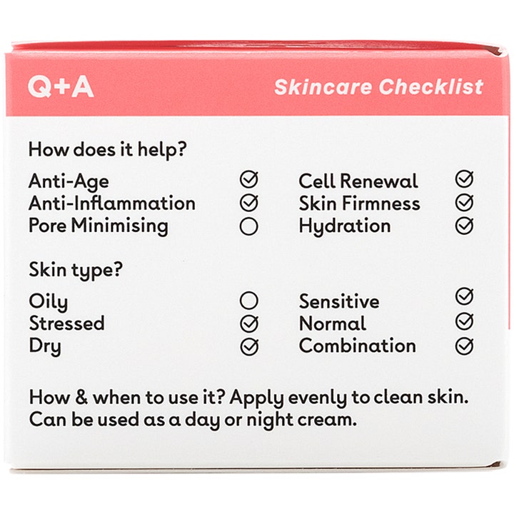 Q+A Collagen Face Cream 50 g anti-age ansigtscreme på hvid papæske med en tjekliste over hudfordele