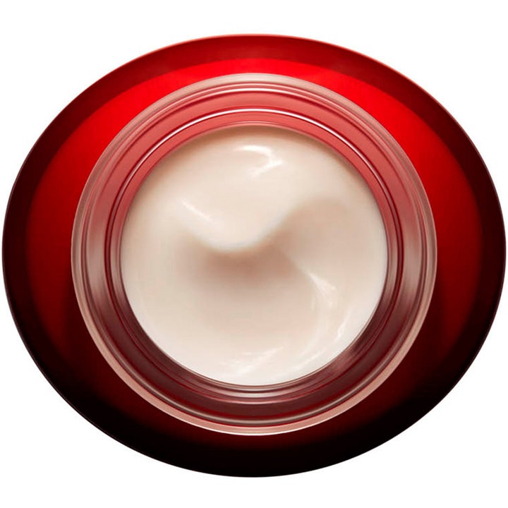Clarins Super Restorative Day Cream 50 ml dagcreme der giver glød med cremet lyserød tekstur i en rød krukke