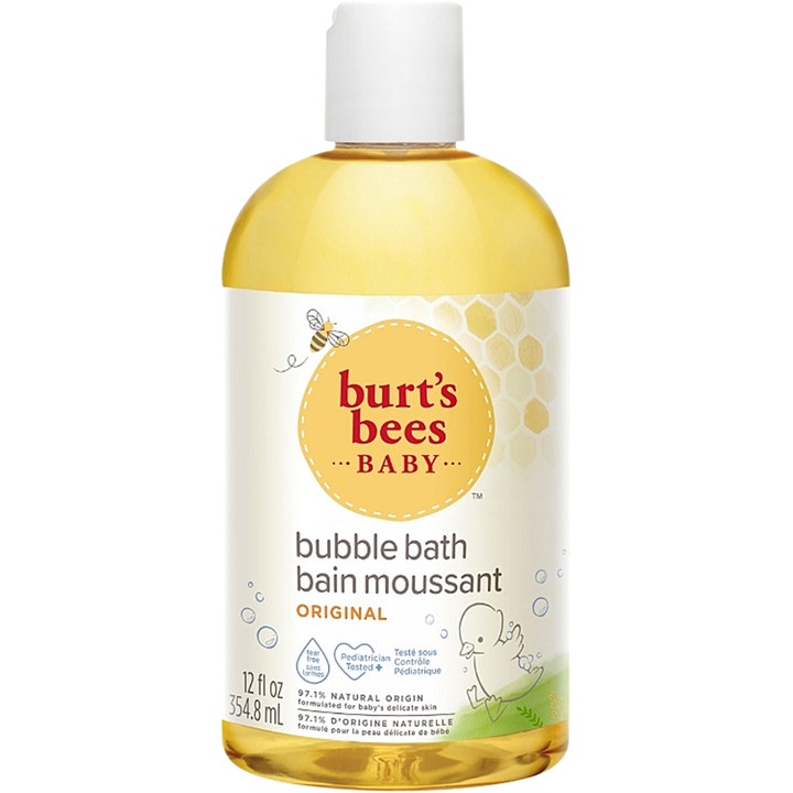 Burt's Bees Baby Bubble Bath 354,8 ml skånsomt skumbad i klar plastflaske med gylden væske og hvidt låg