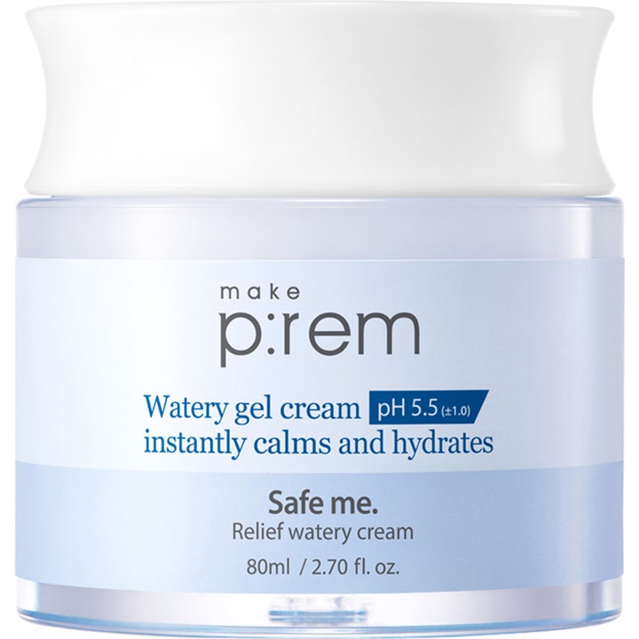 Make P:rem Safe me Relief watery cream 80ml beroligende ansigtscreme i gennemsigtig krukke med hvidt låg