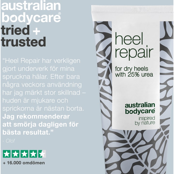 Australian Bodycare Heel Repair 100 ml fodcreme mod tørre hæle vist med en positiv anmeldelse og stjerner