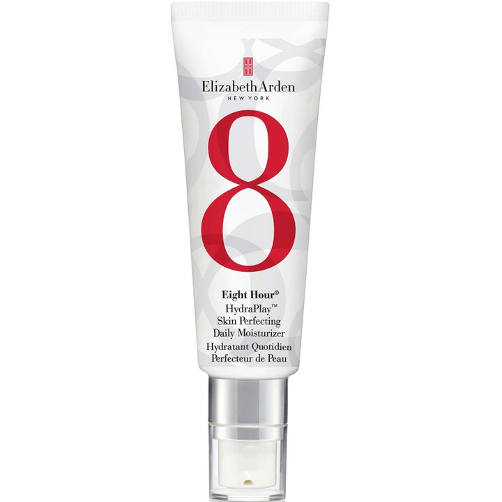 Elizabeth Arden Eight Hour HydraPlay Skin Perfecting Moisturizer fugtgivende ansigtscreme i hvid tube med et rødt ottetal.