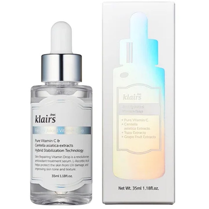 Klairs Freshly Juiced Vitamin Drop 35 ml lysnende serum i glasflaske med sølvlåg og hvid æske med holografisk detalje