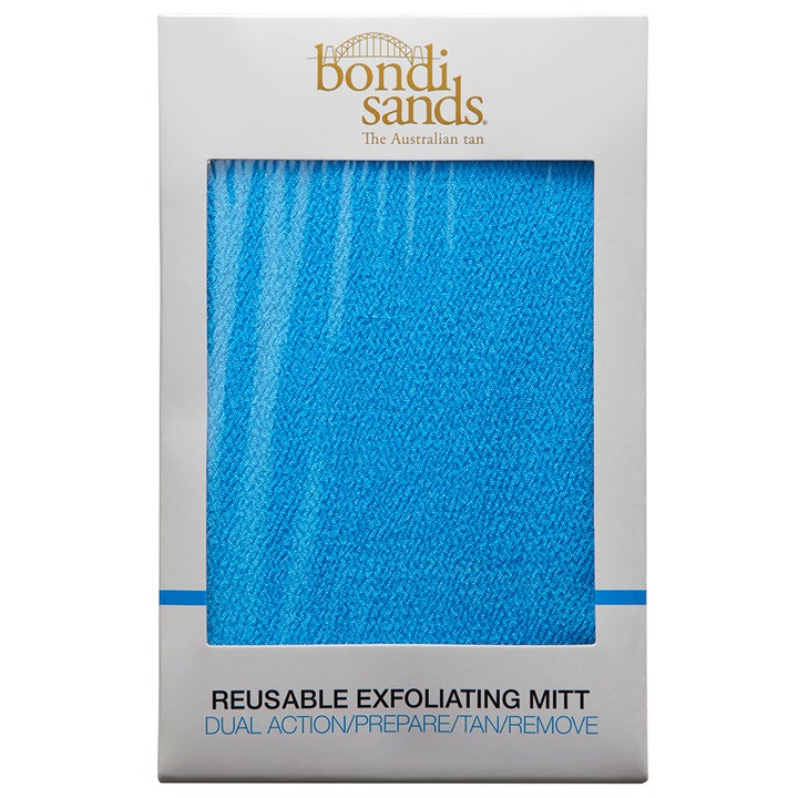 Bondi Sands Reusable Exfoliating Mitt 1 stk fjerner selvbruner blå tekstureret handske i hvid papæske med vindue