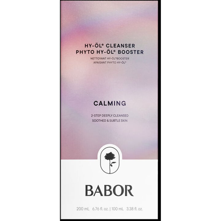 Babor HY-ÖL Cleanser & Phyto HY-ÖL Booster Calming 300 ml beroligende ansigtsrens i æske med lilla gradient og sort rose