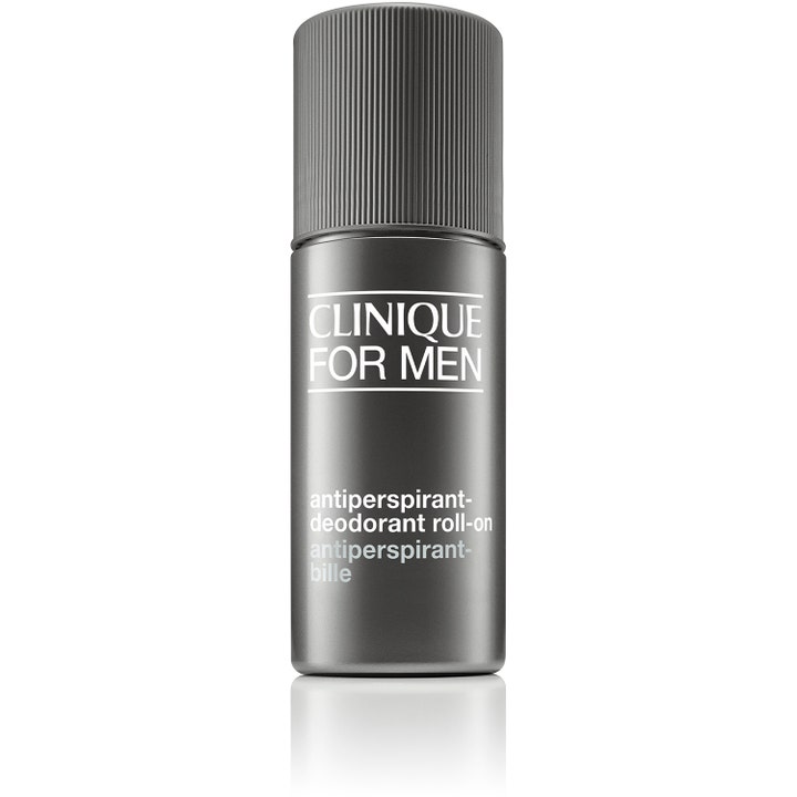 Clinique For Men Antiperspirant-Deodorant Roll-on 75 ml modvirker sved i en mørkegrå plastflaske med rillet låg