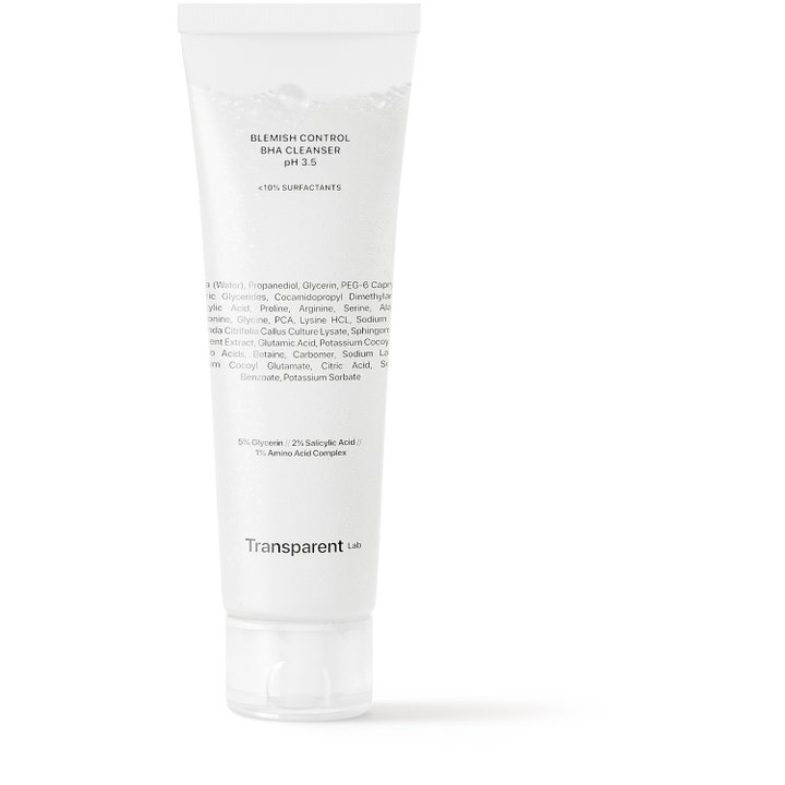 Transparent Lab Blemish Control BHA Cleanser eksfolierende ansigtsvask i gennemsigtig tube med hvidt låg og klar gel.