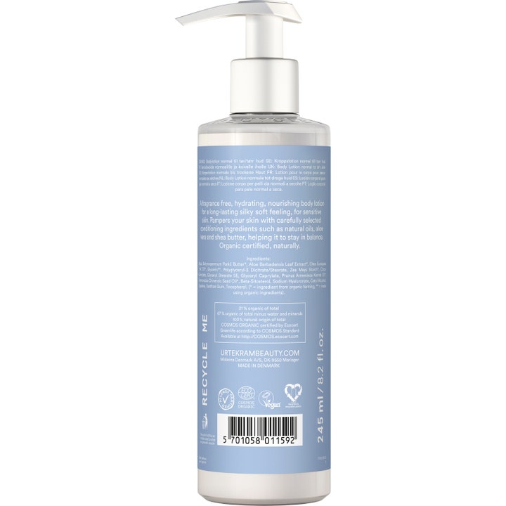 Urtekram Body Lotion Fragrance Free 245 ml beroligende kropspleje viser flaskens bagside med ingredienser og hvid pumpe