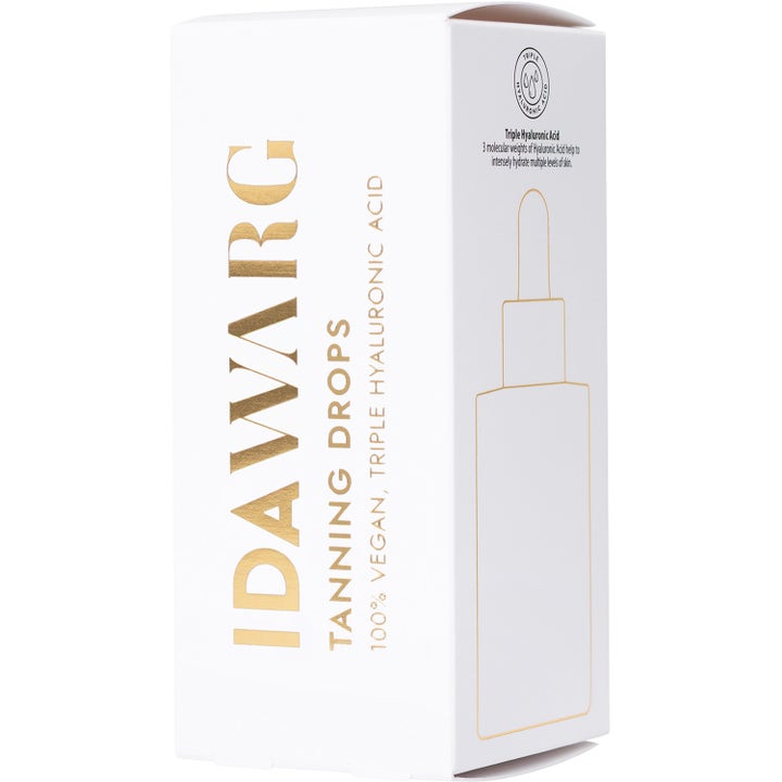 IDA WARG Beauty Tanning Drops 45 ml vegansk selvbruner i hvid æske med guldtekst og fugtgivende hyaluronsyre