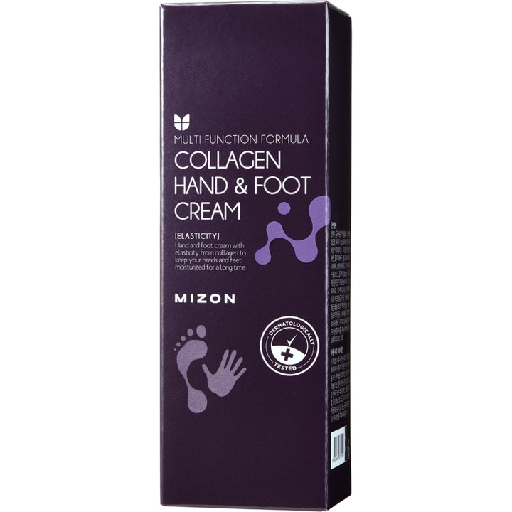 Mizon Hand And Foot Cream Collagen 100 ml i mørkelilla papæske der giver fugt og elasticitet