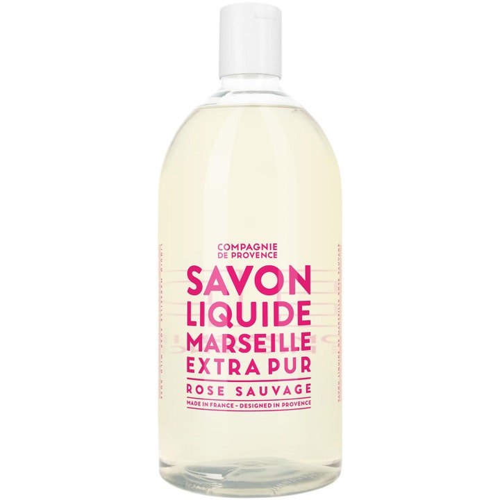 Compagnie de Provence Savon Liquide Marseille Rose Sauvage 1000 ml flydende sæbe i klar flaske med pink skrift