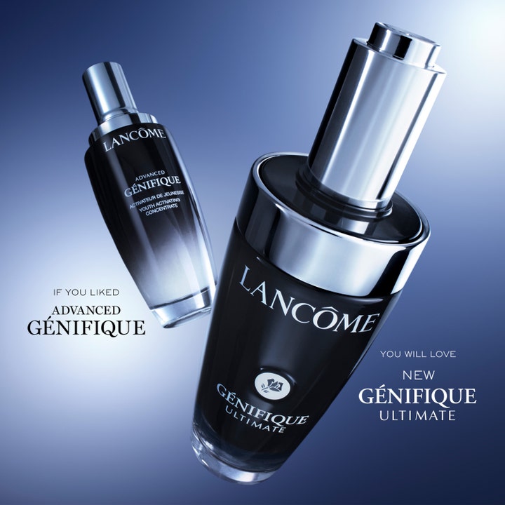 Lancôme Génifique Ultimate Serum 50 ml reparerende serum i sort glasflaske sammenlignet med Advanced Génifique