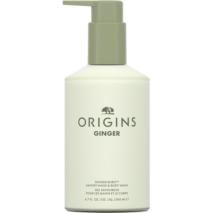 Origins Ginger Burst 200 ml opkvikkende hånd- og kropsvask i lysegrøn plastflaske med grøn pumpe