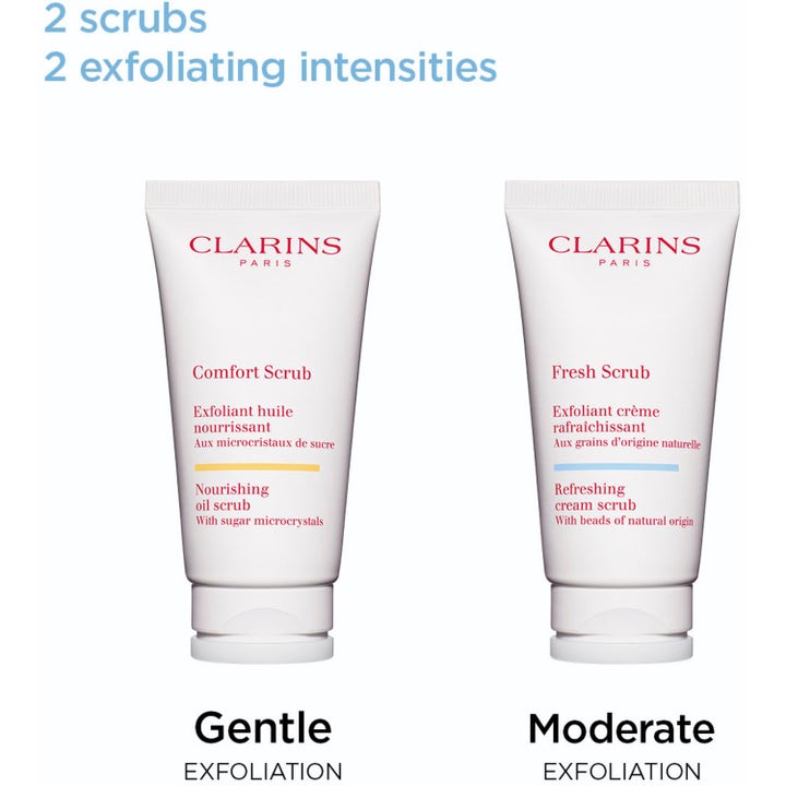 Clarins Fresh Scrub 50 ml peeling viser to hvide tuber med mild og moderat eksfoliering.