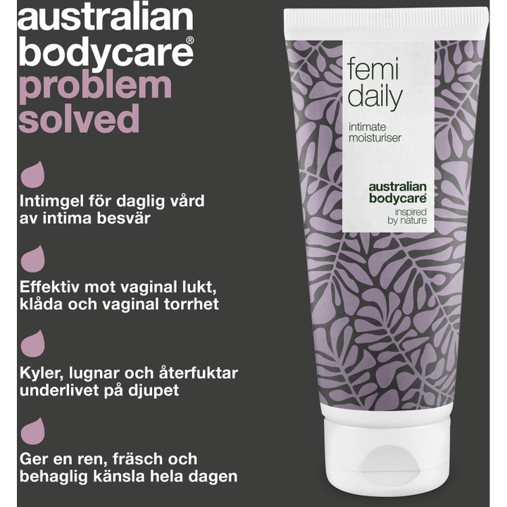 Australian Bodycare Femi Daily 200 ml intimpleje mod kløe og tørhed i hvid tube med lilla bladmønster