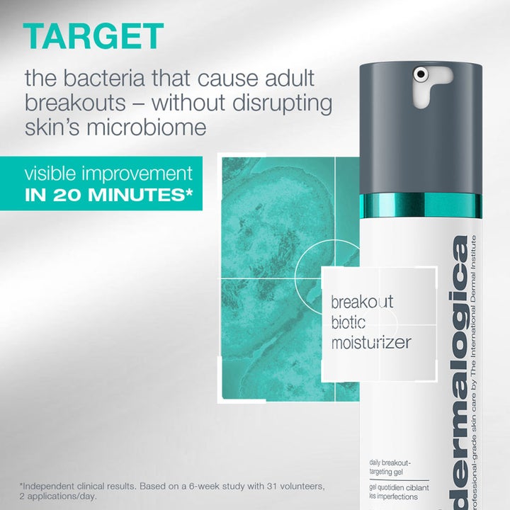 Dermalogica Breakout Biotic Moisturizer 50 ml ansigtscreme i hvid pumpeflaske med tekst om synlig forbedring på 20 minutter
