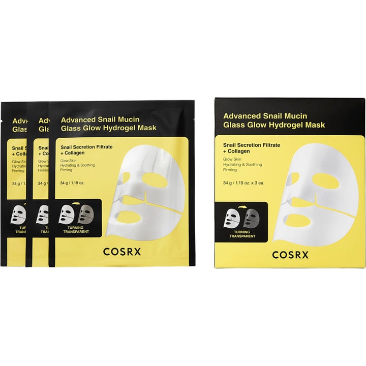 COSRX Advanced Snail Mucin Glass Glow Hydrogel Mask 3 stk fugtgivende ansigtsmaske i gul og sort emballage
