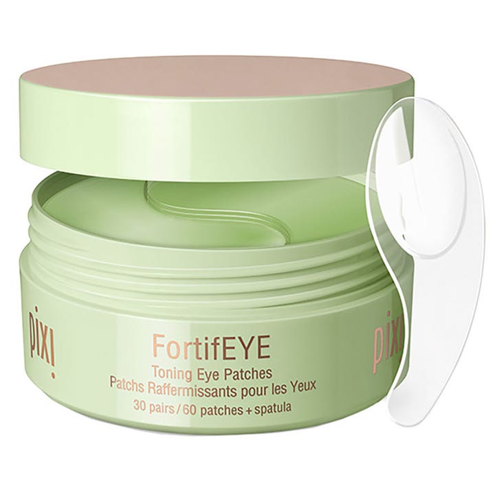 Pixi FortifEYE Toning Eye Patches 30 par opstrammende øjenmasker i lysegrøn krukke med gennemsigtig spatel