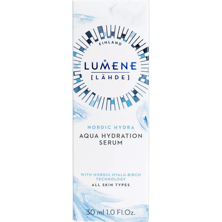 Lumene Nordic Hydra Aqua Hydration Dew Serum 30 ml fugtgivende serum i hvid æske med blå vandmønstre
