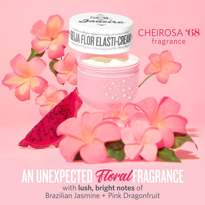Sol de Janeiro Beija Flor Elasti Cream 240 ml opstrammende body lotion i lyserød krukke med pink blomster og dragefrugt