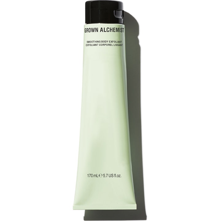 Grown Alchemist Smoothing Body Exfoliant 170 ml giver blød hud i en lysegrøn tube med et minimalistisk sort låg