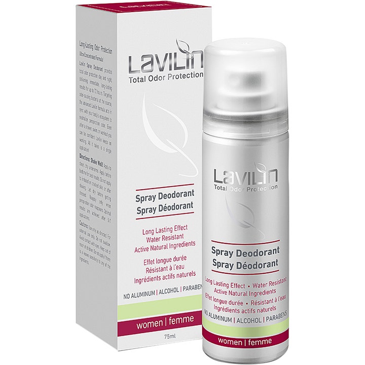 Lavilin Spray Deodorant 75ml uden aluminium giver langvarig beskyttelse i hvid sprayflaske med lilla detaljer.