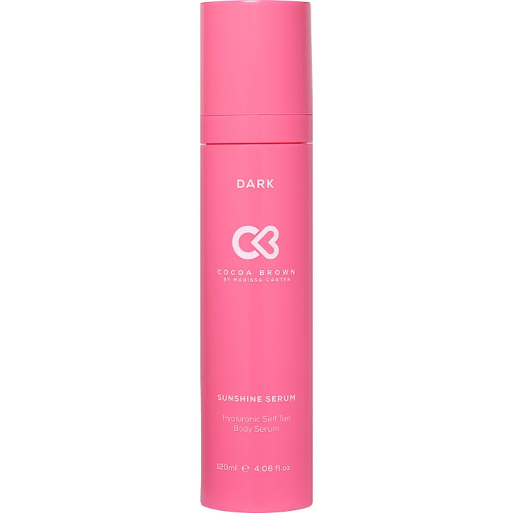 Cocoa Brown Sunshine Serum 120ml fugtgivende selvbruner serum i en slank lyserød flaske der giver en mørk glød