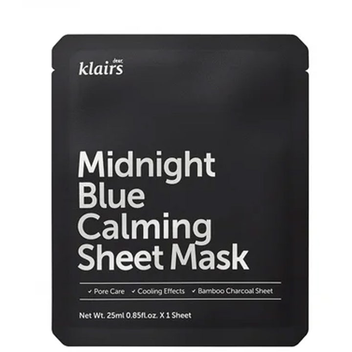 Klairs Midnight Blue Calming Sheet Mask 25 ml beroligende ansigtsmaske i sort emballage med hvid tekst