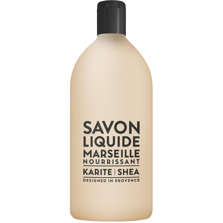 Compagnie de Provence Savon Liquide Marseille Shea 1000ml nærende flydende sæbe i beige plastflaske med sort låg