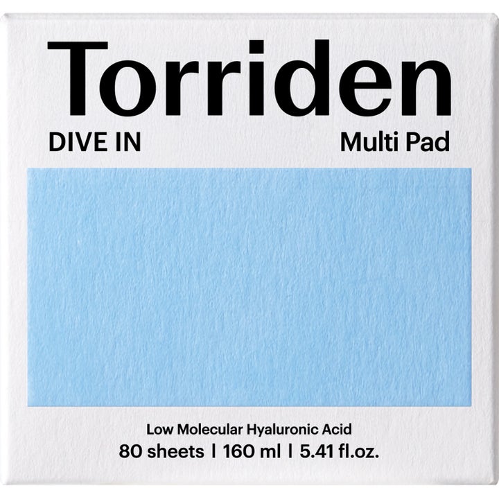 Torriden DIVE-IN Low Molecular Hyaluronic Acid Multi Pad 160 ml fugtgivende toner pads i hvid æske med lyseblåt felt