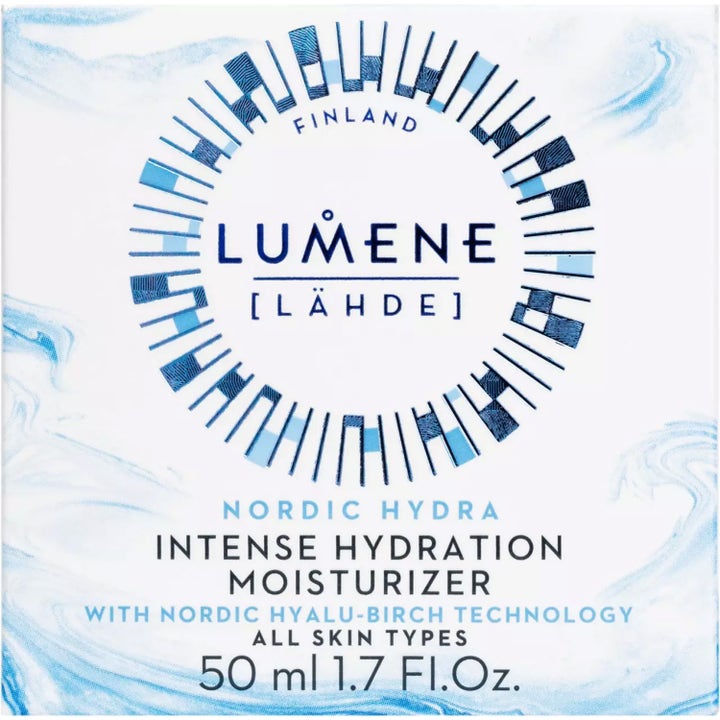 Lumene Nordic Hydra Intense Hydration Moisturizer 50 ml fugtgivende ansigtscreme i hvid papæske med blå bølger.